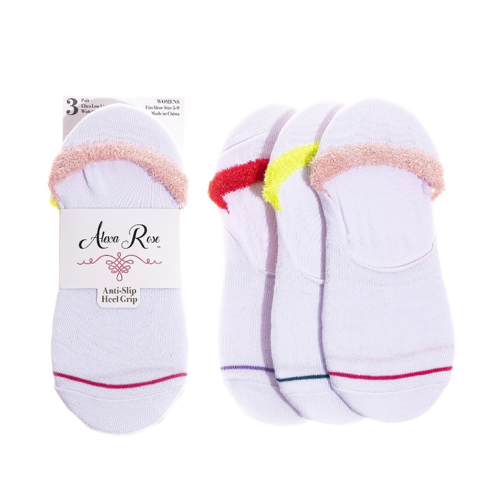 White  Fuzzy Cuff Low Liners Anti Slip Heel Grip Socks | 3 Pack